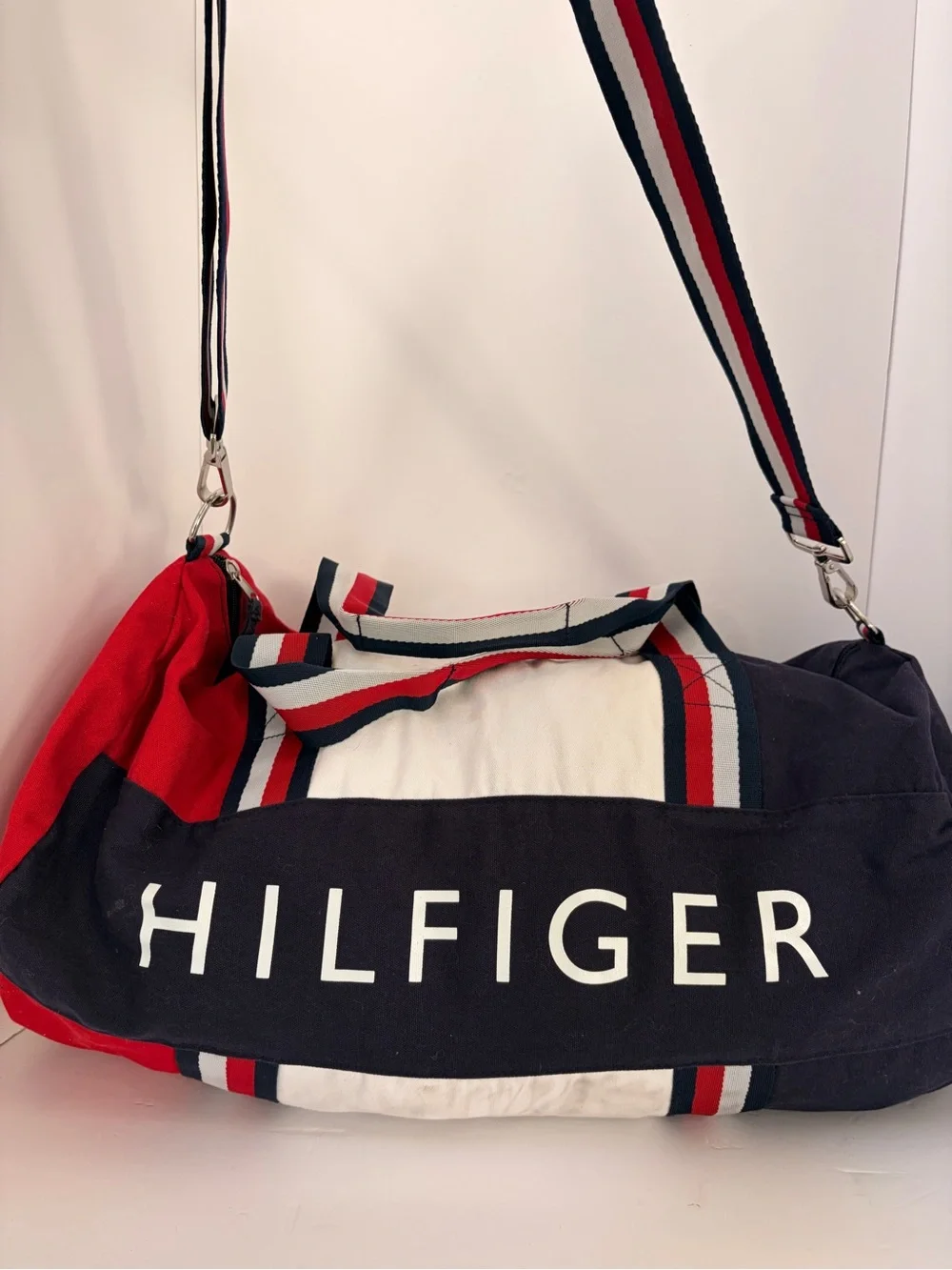 Tommy Hilfiger Red, Navy & White Canvas Duffel with Striped Handles